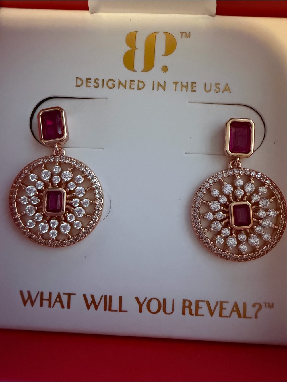 BP Rose Gold Drop Earrings with ruby Gemstones. July 2026 birthday collection